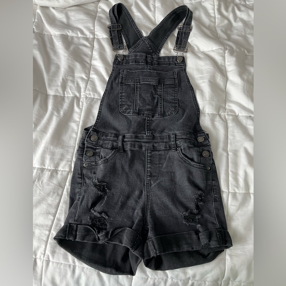 SHORTALL Black Distressed Shorts Overalls
